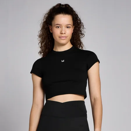 MP Damen Basics Körperbetontes Kurzarm-Crop-T-Shirt – Schwarz