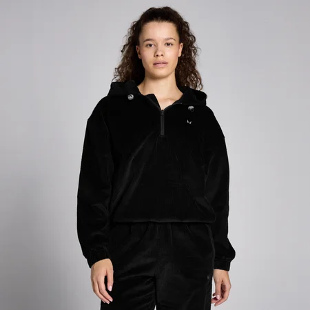 MP Damen Cord-Kapuzenpulli mit bequemer Passform und 1/4-Reißverschluss – Schwarz