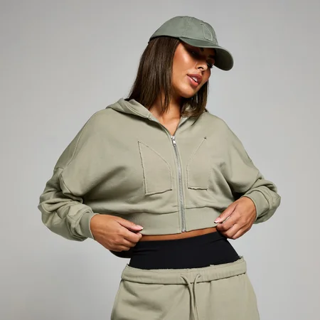 MP Damen Applique Kapuzenpulli mit verkürztem Schnitt mit Reißverschluss – Dunkler Salbei