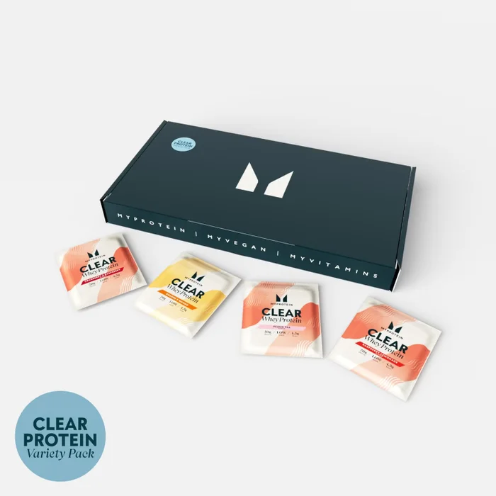 Clear-Whey-Auswahlbox in verschiedenen Geschmacksrichtungen wie Cranberry & Himbeere sowie Orange & Mango.